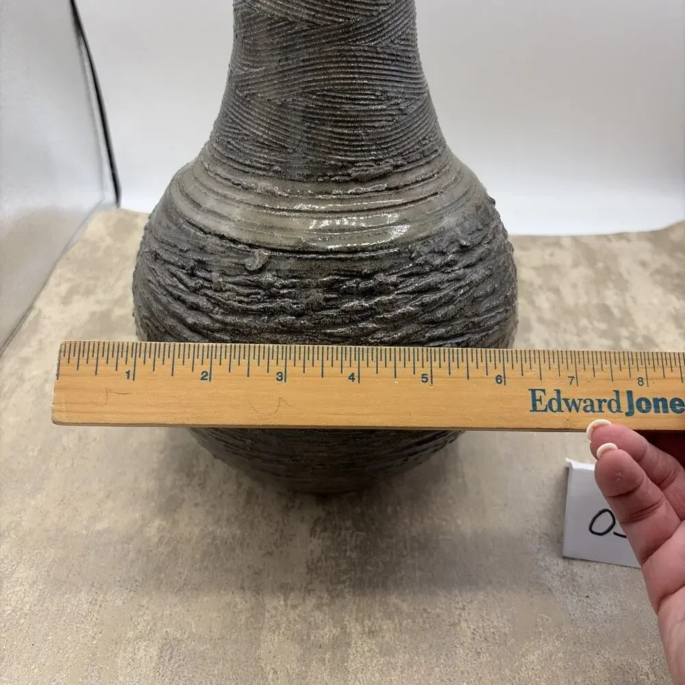 Handcrafted Studio Pottery case W/Metallic Grey Glaze & Textured Ribbed Signed
